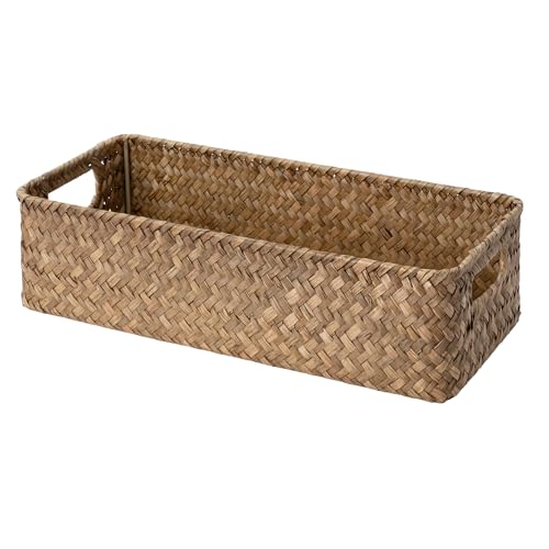 StorageWorks Wicker Toilet Paper Basket for Back of Toilet Baskets, Seagrass Bathroom Basket Organizer and Storage for Tank Topper, Small Tank Trays for Decor with Built-in Handles, Brown - color: Brown (Seagrass)