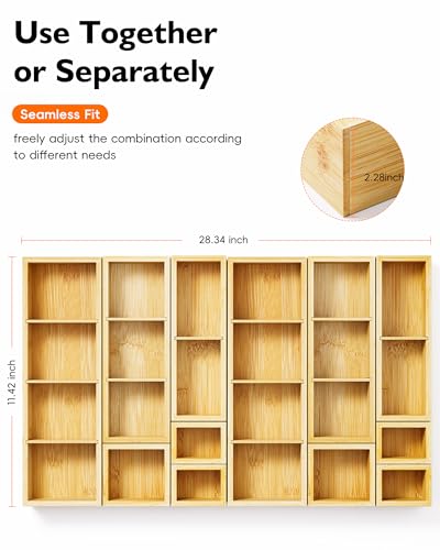 12-Piece Bamboo Desk Drawer Organizer Set – Adjustable Storage Boxes with 24 Compartments, Non-Slip, Modular Design for Office, Jewelry, Vanity, and Kitchen Utensil Drawer Storage - size: 24 Compartments