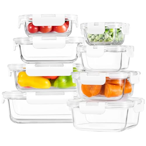 HOMBERKING 8 Pack Glass Food Storage Containers with Lids, Meal Prep Containers, Airtight Bento Boxes with Leak Proof Locking for Microwave, Oven, Freezer and Dishwasher, BPA Free, 5-35oz, white - color: White