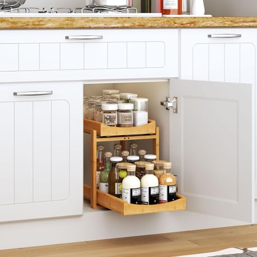 MHXW SXPN Bamboo Under Sink Organizer and Storage, Pull Out Cabinet Organization, 2 Tier Vertical Slide Out Undersink Storage Shelf, Organizer Shelves for Kitchen Bathroom Medicine (Natural, 1 Pack) - color: Natural, size: 1 Pack