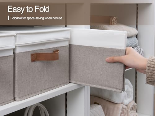 StorageWorks Storage Bins with Lids, Decorative Storage Boxes with Lid and PU Handles, Foldable Storage Baskets for Closet, Shelves, Stackable, Brown and White, 3-Pack - color: Brown and White, size: Large