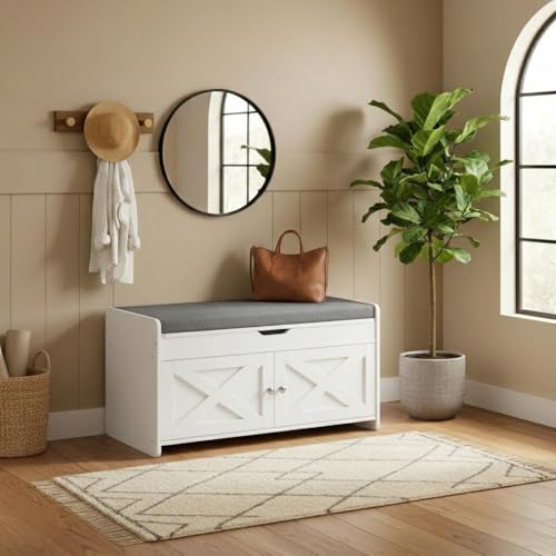 Pipishell Shoe Storage Bench, 2-Tier with Cushioned Seat, Entryway Bench with Adjustable Shelf & Barn Doors, 300 lbs Capacity, 31.5" x 15" x 18", for Entryway, Bedroom, Living Room, White - color: White, size: 2 doors- 31.5" W x 15" D x 18" H