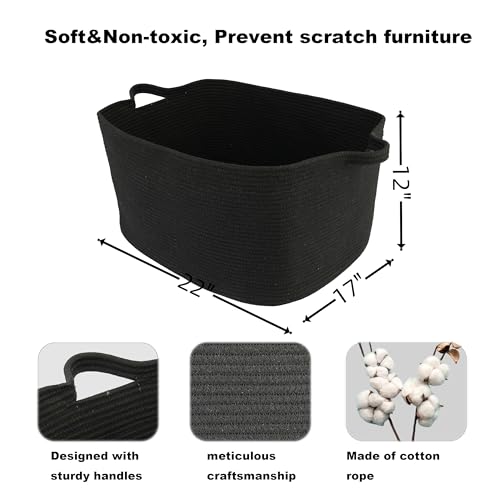 XUANGUO Large Rectangle Blankets Basket Living Room 22"x17"x12" Woven Cotton Rope Storage Baskets for Nursery Toy Baskets for Kids and Dogs Wicker Laundry Basket Bin for Clothes Towels black - color: black