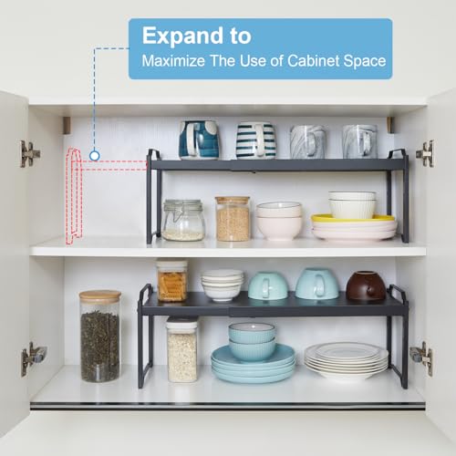 1 Pack Expandable Cabinet Countertop Shelves, Stackable Shelves Organizers for Kitchen Cabinet Countertop Storage, Adjustable Counter Cupboard Pantry Organizer Shelf Rack Stand, Length:25.5" - color: Black, size: 1 Pack: 15.5"-25.5"L