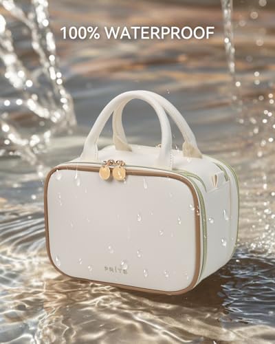 Prite Makeup Bag for Women, Large Capacity Waterproof Travel Cosmetic Organizer, Portable Open Flat Toiletry Bag with Free-standing Brush Holder and Handle(Beige Large) - color: Beige, size: Large