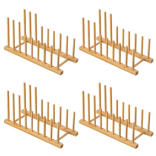 HBlife 4pcs Heighten and Widen Bamboo Dish Drying Rack Plate Bowl Cup Book Pot Lid Cutting Board Stand Drainer Storage Holder Organizer for Kitchen Cabinet - color: Rod 4inch High 6slots With 6inch High 2slots 4pcs