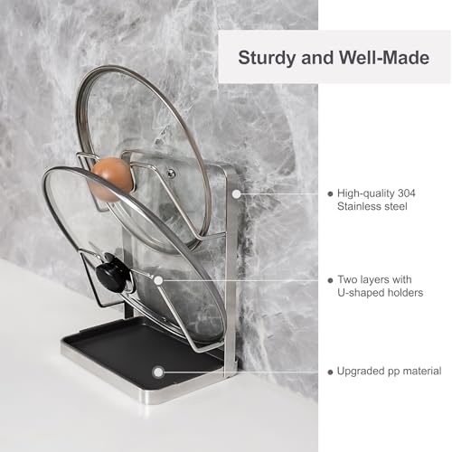 304 Stainless Steel Pot Lid Holder While Cooking, Kitchen Pot Lid Storage Rack for stove top, Multifunctional Kitchen Pot Lid Organizer for Countertop（Silver）