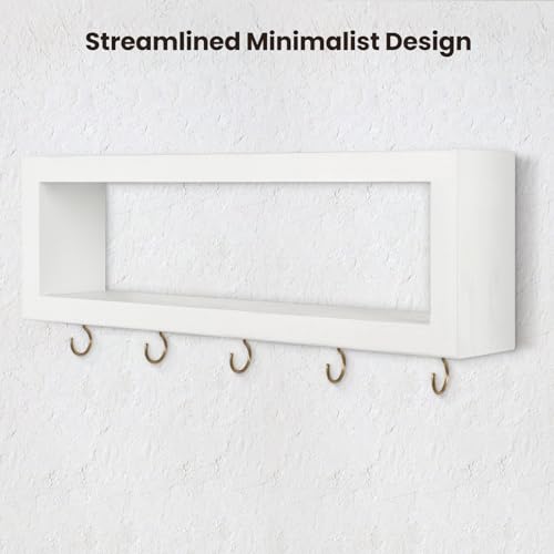 Lwenki Wall Shelf with Hooks - Decorative Key and Wallet Holder for Wall Holds Sunglasses, Leashes, Scarves and Lanyards - 15.7" x 5.1" x 2.9" Entryway Organizer Made of Paulownia Wood (White) - color: White