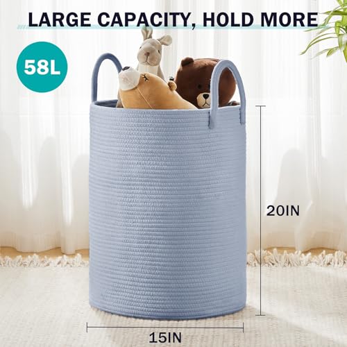 YOUDENOVA Laundry Hamper Basket, Woven 58L Tall Laundry Basket for Blanket Organizer- Nursery Hamper for Bedroom And Bathroom Storage - color: Light Blue, size: Tall (58L )