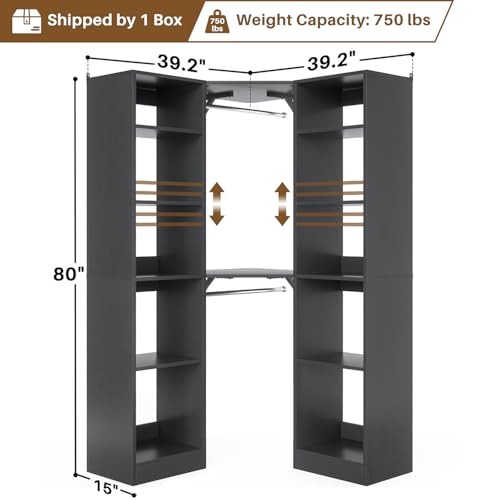 Besiost Corner Closet System with 12 Shelves, 39.2" Corner Closet Organizer System with 2 Hanging Rods, Versatile 6-Tier Walk-in Closets for Corner Space, Black (39.2" L x 39.2" W x 80" H) - color: Black, size: 39.2" - Without Lights