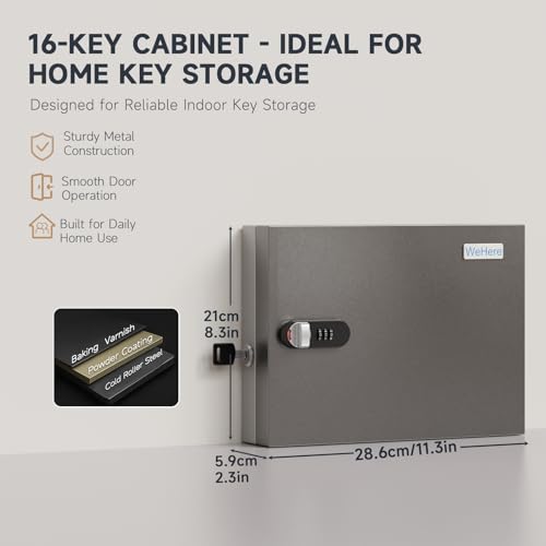 WeHere 16 Key Lock Box – Wall Mounted Key Cabinet with Dual Lock (Key & 3-Digit Combination), Home & Small Office Key Organizer for Entryway & Garage，Includes Key Tags - size: 16 Key Box (Basic)