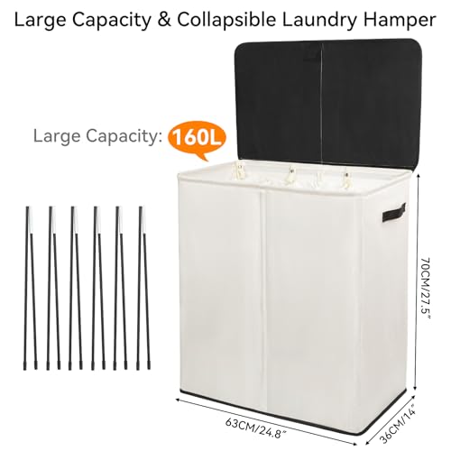 WOWLIVE Laundry Hamper with Lid,160L Large Laundry Basket 3 Section with Removable Washing Bags,Collapsible Waterproof Dirty Clothes Hamper for Laundry Room Bathroom Dorm,Beige - color: Beige, size: 160L (24.8x 14 x 27.5 Inches)