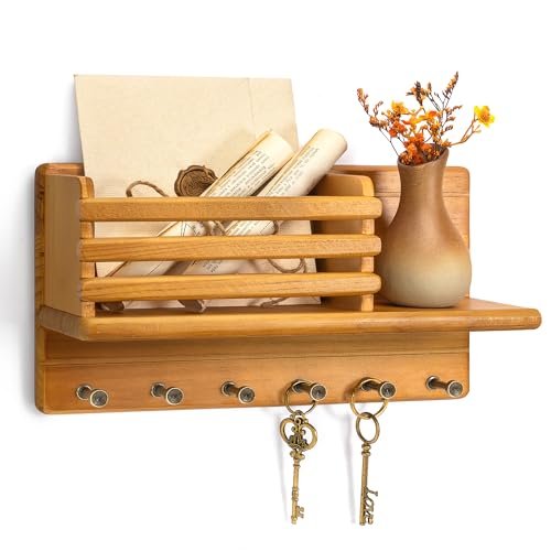 Rebee Vision Farmhouse Pine Wood Key Holder Wall Mount - Rustic Key Holder for Wall with Storage Shelf & 6 Hooks - Mail Holder for Kicthen, Living Room, Bedroom (Yellow) - color: Yellow