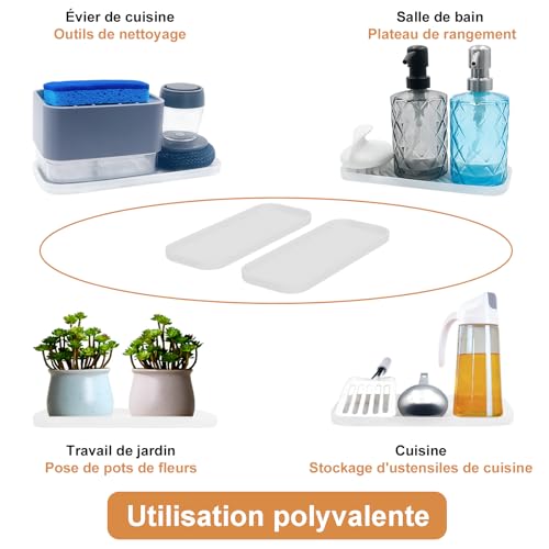Silicone Organizer Tray, Soap and Sponge Holder for Kitchen Sink, Bathroom - Storage Tray for Dish Brush, Soap Dispenser, Dishwashing Accessories- 2 Pack (Clear) - color: Clear, size: 9.2 x 3.6 x 0.5 inches