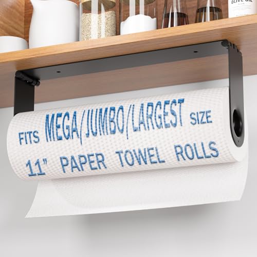 Paper Towel Holder Under Cabinet, Wall Mount Paper Towels Holder for Kitchen Under Counter, Self Adhesive and Drilling, Heavy-Duty Hanging Paper Towel Roll Holder Inside Cabinet Door, Black