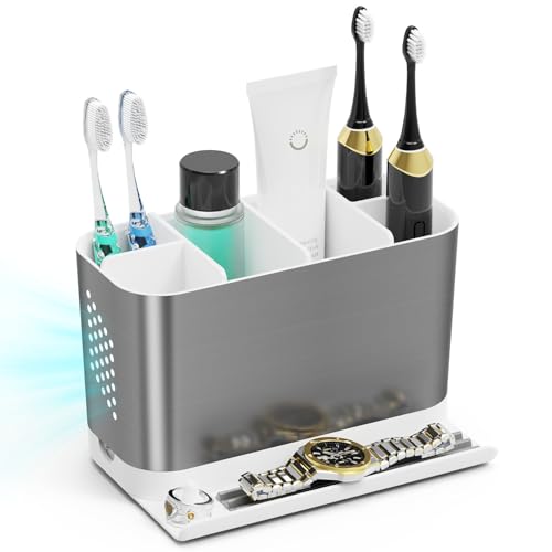 Bathroom Countertop Organizer with Front Ledge for Phone, Detachable Kids Toothbrush Holders with Cord Slots and Ring Holder, 6 Slots Toothbrush Toothpaste Holder with Drainage for Family - color: Silver