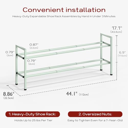 Bumusty 2-Tier Long Expandable Shoe Rack for Closet, 18"-44" Adjustable Shoe Rack for Entryway, 10-12 Pairs Large Shoe Organizer Shelf Storage, Sturdy Metal, Green - color: Green, size: 2-Tier