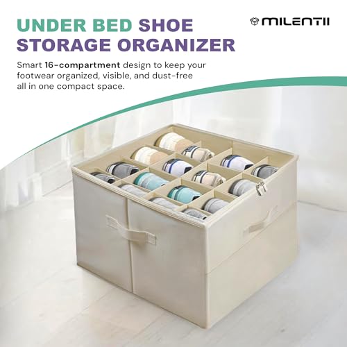 Under Bed Shoe Storage Organizer 16 Compartment, Foldable Shoe Organizer Under Bed with Clear PVC Lid, Shoe Storage Box with Zipper & Handle for Closet Bedroom, Off White, Pack of 2 - color: Off White
