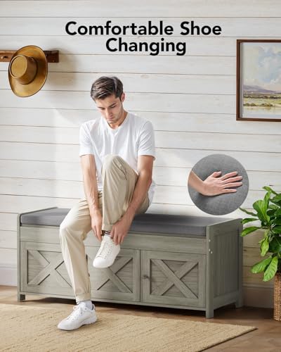 Pipishell Shoe Storage Bench, 2-Tier Shoe Bench with Cushioned Seat, Entryway Bench with Adjustable Shelf & Barn Doors, 300 lbs Capacity, 39.4" x 15" x 18", for Entryway, Bedroom, Living Room, Gray - color: Grey, size: 3 doors- 39.4" W x 15" D x 18" H