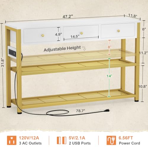 Ecoprsio 47'' Entryway Table with Outlets and USB Ports, Console Table with 3 Drawers, Sofa Table Narrow Long with Storage Shelves for Living Room, Couch, Hallway, Foyer, White and Golden - color: White and Golden, size: 47-In