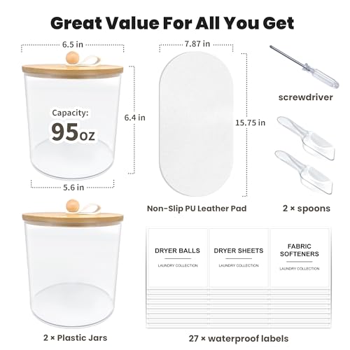 2 Pack Laundry Pods Container,Laundry Room Organization and Storage Jars,Laundry Detergent Container for Powder,Pods,Scent Booster,with Non-Slip PU Leather Pad and Handle,Bamboo Lids,Labels and Scoops - size: 6.4" x 6.5" x 6.5"