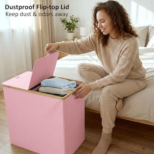 efluky Laundry Hamper with Lid, Double Laundry Hamper with 2 Removable Bags, 2 Section Laundry Basket with Bamboo Handles for Bathroom, Bedroom & Laundry Room (Pink, 140L Dual) - color: Pink, size: 140L Dual