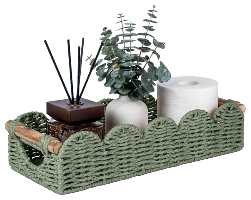CubesLand Bathroom Basket Organizer w/Cut Out Handle, Back of Toilet Paper Storage Baskets Tray for Bathroom Countertop Decorative, Scalloped Wicker Basket Also for Home Decor, Living Room, Green - color: Green