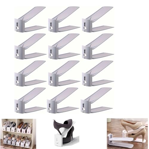 HYGRAD BUILT TO SURVIVE Shoe Slots Pack Of 12 Space-Saving Adjustable Shoe Storage Organiser with 3-Level Height, Non-Slip Shelf Holder, Plastic (Grey) - color: Grey