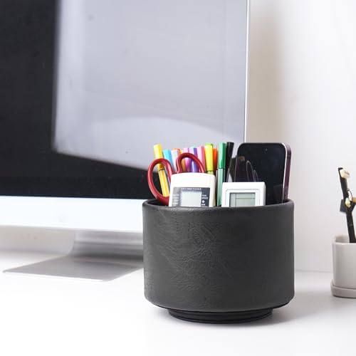 Hennaja Round Leather Art Supply Organizer,Remote Control Holder,360 Degree Spinning,Multi-Functional Pencil Holder,4 Compartments Desktop Stationary Organizer(1-Crazy Black) - color: 1-Crazy Black