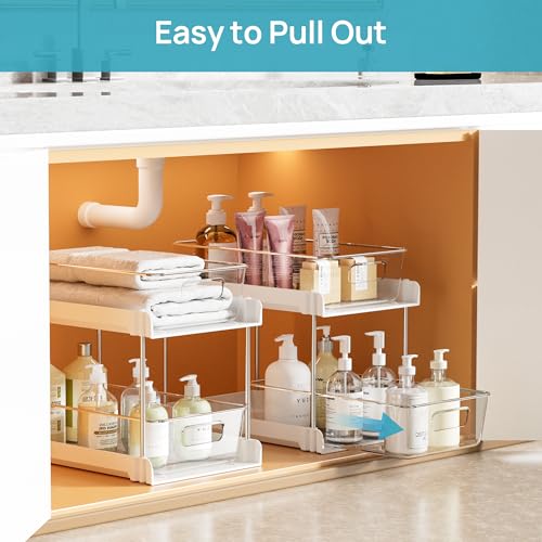 Vtopmart 4 Pack Bathroom Organizer, 2 Tier White Under Sink Organizers Vanity Countertop Storage Container,Cabinet Drawers Bins, Pull-Out Organization with Track for Pantry, Kitchen - color: White, size: S-Standard (4 Pack)