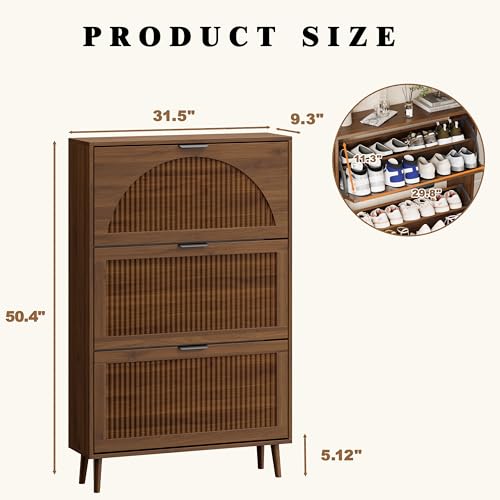 Shoe Storage Cabinet with 3 Flip Drawers, Narrow Wood Shoe Organizer Cabinet with Fluted Panel, Slim Shoe Rack for Entryway, Freestanding Shoe Cabinet for Living Room, Hallway, Walnut - color: Walnut, size: 3-Drawers