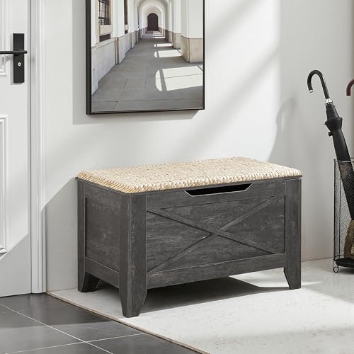 VECELO 30" Storage Bench, Entryway Shoe Ottoman, Farmhouse Style Bench with Handwoven Cushion and Metal Safety Hinges, for Bedroom, Living Room, Entryway, Gray - color: Grey, size: 30"W