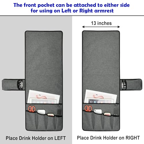 Sofa Armrest Organizer Couch Remote Holder, Sofa Caddy Bedside Organizer Recliner Armchair Accessory for iPad Tablet Phone Magazines in Home Bedroom Office Hotel, 5 Pockets with Font Side Drink Holder
