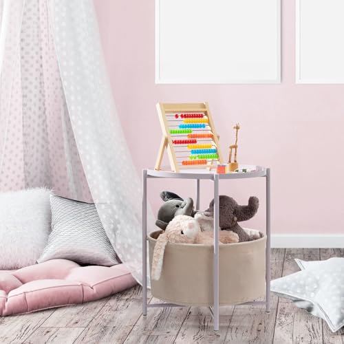 danpinera Round Side Table with Fabric Storage Basket, Metal Side Table Small Bedside Nightstand with Removable Tray Top for Living Room, Bedroom, Nursery, Laundry, Light Violet - color: Light Violet