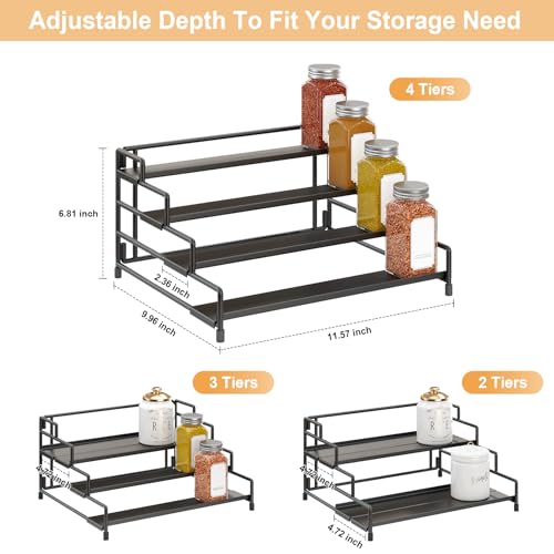 RUILALIFE 4-Tier-Spice-Rack-Organizer-for-Cabinet, Adjustable Depth Spice Holder Shelf For Countertop Pantry Cupboard, Metal Tiered Seasoning Organizer,Display Shelf Riser (Black-2 Pack) - color: Black-2 Pack
