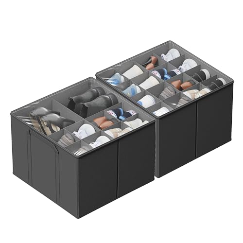 SUOCO 2 Pack Shoe Organizer for Closet, Fits up to 32 Pairs, Small Space Shoe Storage Boxes Bins Containers w/Adjustable Dividers and Clear Top, Grey - color: Grey