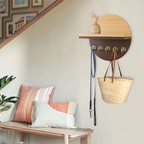 Gurfuy Key Holder for Wall with Shelf - Wood Mail Organizer and Rack with Shelf Hooks Wall Mounted for Entryway Decor Magazines Letter Storage Farmhouse Living Room Bedroom Doorway Brown - color: Brown