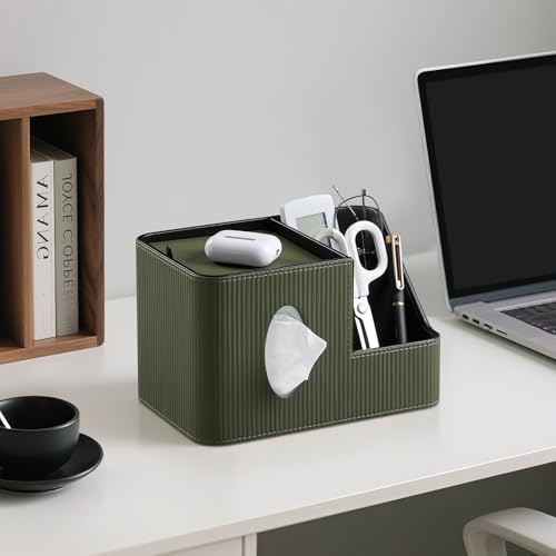 PU Leather Square Tissue Box Cover with Magnetic Closure, Tissue Holder with Storage Tray & Remote Control Organizer, for Nightstand, Living Room, Bathroom, Office Desk (Green Stripes) - color: Green Stripes
