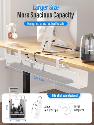 [Upgraded] Large Under Desk Cable Management Tray, Cinati Cable Management Under Desk No Drill, 28.4" Fabric Cord Hider for Wire Organizer, Cord Organizer for Office, Home - Supports Up to 30lbs White - color: White, size: Large(28.4 inch)
