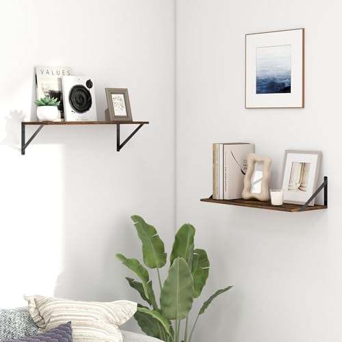 Fun Memories Deep Floating Shelves for Wall, 24W x 8D Wall Mounted Shelves Set of 2, Wide Display Ledge Shelf with Sturdy Metal Brackets for Living Room, Bathroom, Bedroom and Kitchen, Rustic Brown - color: A-rustic Brown, size: 24"W x 8"D