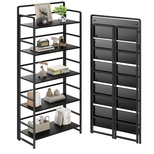 No Assembly Folding Bookshelf, 5 Tiers Collapsible Book Shelf for Home Office, Vintage Wood Foldable Bookcase Storage Organizer for Living Room Bedroom (Black) - color: Black, size: 5-tier