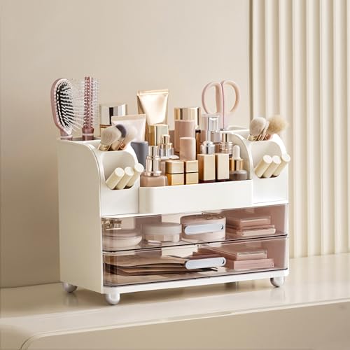 HBlife Makeup Organizer for Vanity with Brush Holder, Large Bathroom Countertop Cosmetic Organizer Skin Care Storage, Easy to Store Lipsticks, Nail Polishes, Perfumes, Eyeshadow Palettes, White - color: White