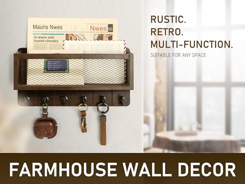 Rebee Vision Farmhouse Key Holder for Wall with Mail Storage Basket : Decorative Wall Mount Organizer with 6 Sturdy Wall Hooks and Wooden Key Rack - Rustic Home Decor (Retro Brown) - color: Brown