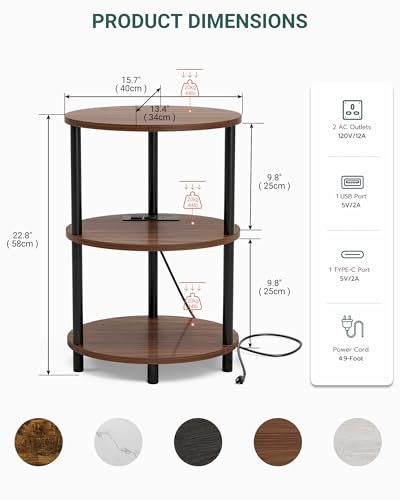 Small Round Side Table - 3-Tier Oval Accent Table for Small Spaces, Rustic Wood and Metal Nightstand for Living Room or Bedroom, with Built-in USB Ports and Power Outlet, Rustic Walnut - color: Rustic Walnut, size: 1-Pack, style: Includes Power Outlets