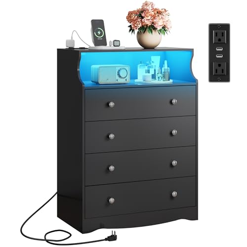 WLIVE Black LED Dresser for Bedroom, Tall Wood Dresser with 4 Drawers and Open Shelf, Chest of Drawers with Power Outlet for Living Room, Hallway, Closet - color: Black, size: 4 Drawers