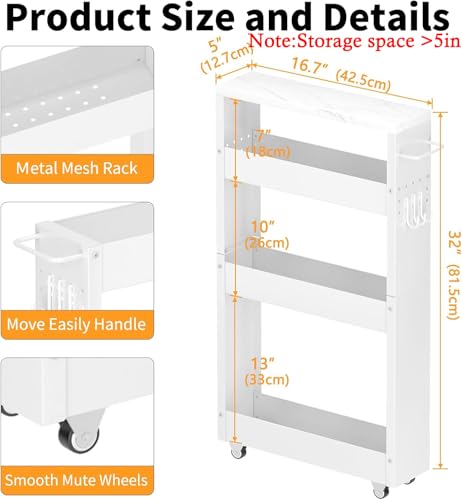 XYZLVSI Slim Storage Cart, 5 in Width, 4-Tier White Rolling Cart with Handle & Wooden Top for Kitchen Bathroom Laundry Narrow Places - size: 5.1IN-White