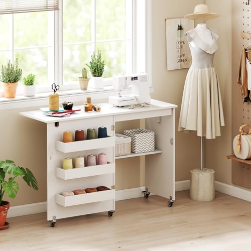 Giantex Folding Sewing Table with Charging Station, Rolling Craft Table with Storage Trays & Shelf, Foldable Sewing Machine Cabinet Desk with Lockable Wheels for Small Spaces (White) - color: White