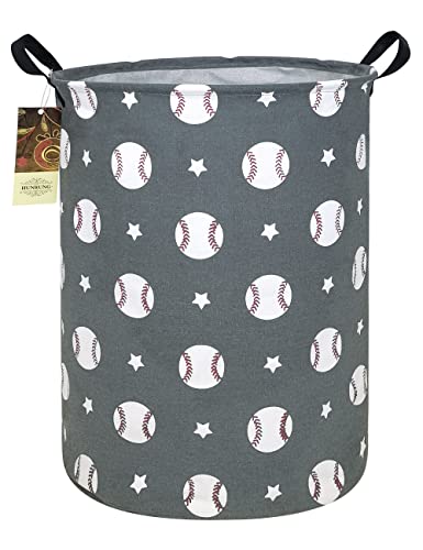 Collapsible Fabric Storage Basket, Waterproof Laundry Hamper with Handles, Round Storage Bin for Clothes Toys, Foldable Organizer for Bedroom Nursery Bathroom(Round-Grey Baseball) - color: Round-Grey Baseball