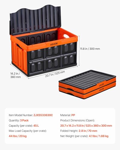 VEVOR Plastic Collapsible Storage Bins with Lids, 45L 3Packs, Stackable Folding Storage Crates with Handles, Holds 44 lbs Per Bin, Heavy Duty Containers, Space-Saving Baskets, for Home Organizing - size: 45L-Orange-3PC