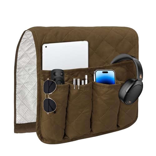 MEHIDFY Sofa Armrest Caddy, Waterproof Bedside Storage Organizer, Non Slip Armchair Pockets, Remote Control Holder for Couch, Handy Pouches with 6 Pockets for TV Remote, Phone, Magazine(Brown) - color: Brown